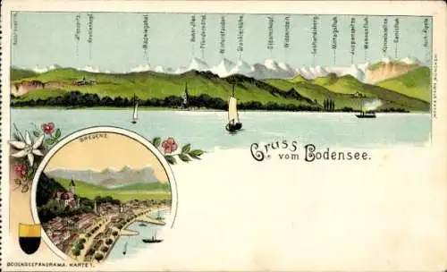 Litho Bregenz am Bodensee Vorarlberg, Teilansicht, Gebirgspanorama