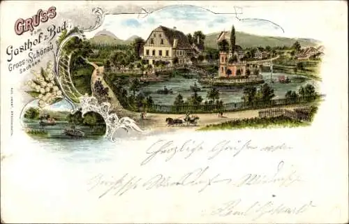 Litho Großschönau im Kreis Görlitz, Gasthof zum Bad, Gondelteich