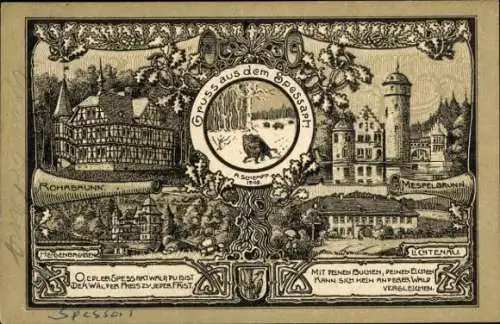 Litho Rohrbrunn Weibersbrunn im Spessart, Jagdschloss Rohrbrunn, Mespelbrunn, Lichtenau