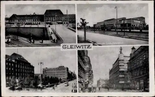 Ak Gliwice Gleiwitz Oberschlesien, Bahnhof, Landesfrauenklinik, Wilhelmstraße