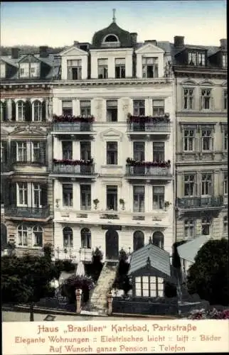 Ak Karlovy Vary Karlsbad Stadt, Haus Brasilien, Parkstraße