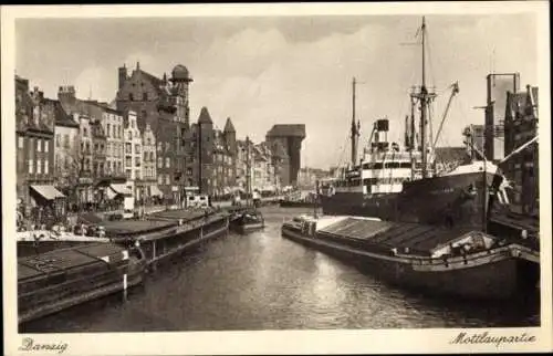 Ak Danzig, Mottlaupartie, Blick auf Dampfer, Uferpromenade, Kran