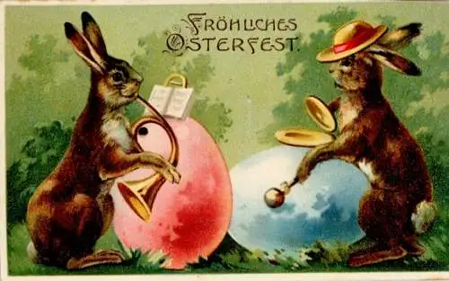 Ak Glückwunsch Ostern, Musizierende Osterhasen, Ostereier