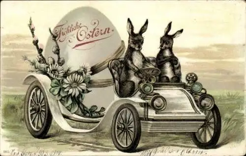 Litho Glückwunsch Ostern, Hasen in Automobil, Weidenkätzchen, Osterei