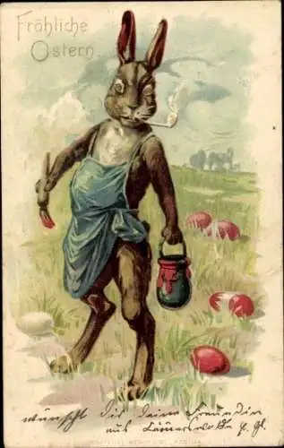 Litho Glückwunsch Ostern, Rauchender Osterhase, Ostereier, Farbtopf