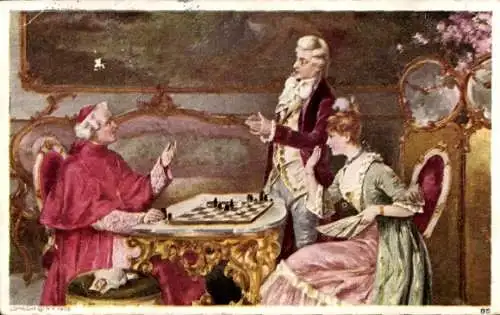 Künstler Ak Dame und Kardinal spielen Schach