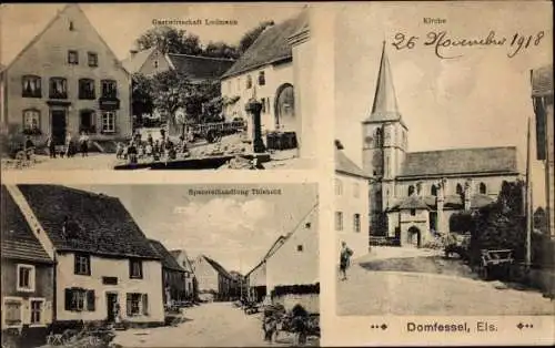 Ak Domfessel Elsass Bas Rhin, Gastwirtschaft Ludmann, Kirche, Spezereihandlung Thiebold