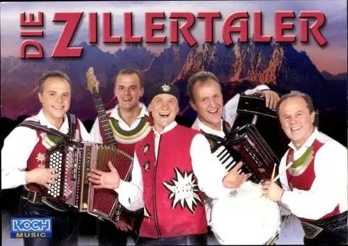 Ak Schauspieler und Sänger Die Zillerthaler, Gruppenportrait, Musikinstrumente, Berg, Autogramm