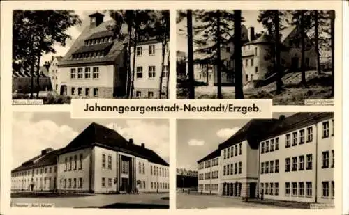 Ak Johanngeorgenstadt Erzgebirge, Neustadt, Säuglingsheim, Postamt, Karl Marx Theater, Mittelschule