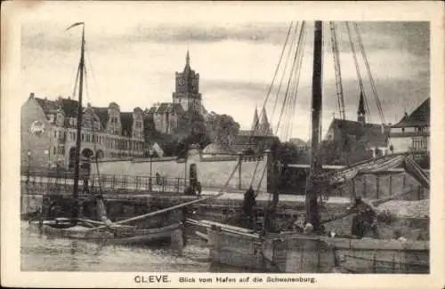 Ak Bad Cleve Kleve am Niederrhein, Blick vom Hafen auf die Schwanenburg