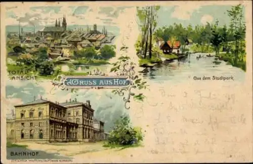 Litho Hof an der Saale Oberfranken Bayern, Bahnhof, Totalansicht, Stadtpark