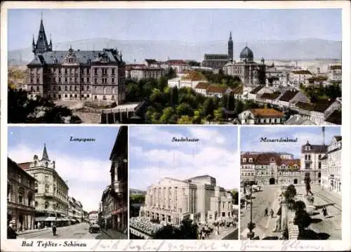 Ak Teplice Šanov Teplitz Schönau Region Aussig, Mozartdenkmal, Stadttheater, Langegasse