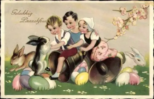 Ak Glückwunsch Ostern, Kinder, Glocken, bunte Ostereier, Hasen