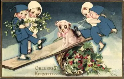 Künstler Ak Chiostri, Glückwunsch Weihnachten, Kinder auf einer Wippe, Misteln, Stechpalmenzweige