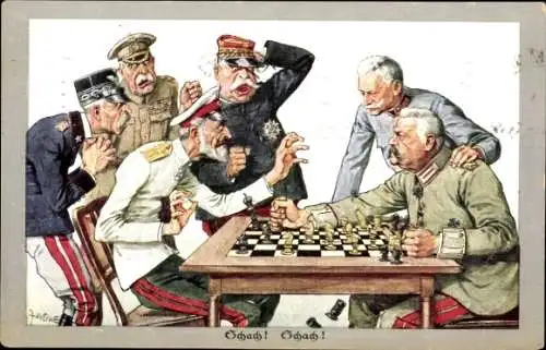 Künstler Ak Zasche, Schach, Hindenburg, Hötzendorf, Joffre, French, Cordona, Großfürst Romanow