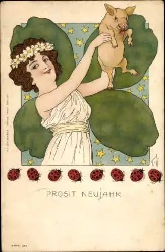 Jugendstil Künstler Litho Glückwunsch Neujahr, Frau mit Ferkel, Marienkäfer, Klee