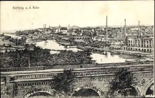 Ak Kettwig Essen im Ruhrgebiet, Gesamtansicht, Brücke, Fabrik