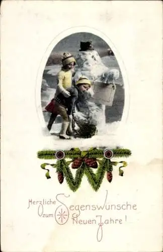 Ak Glückwunsch Neujahr, Kinder, Schneemann, Tannenzweige