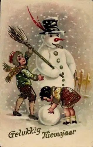 Ak Glückwunsch Neujahr, Kinder, Schneemann, Besen, Schneeball