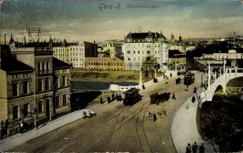 Ak Gera in Thüringen, Heinrichsbrücke, Straßenbahnen