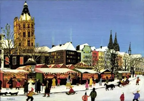 Künstler Ak Köln am Rhein, Alter Markt, Weihnachtsmarkt, Winter, Schlitten, Litfaßsäule
