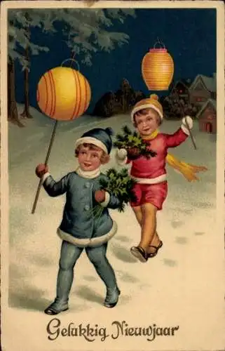 Ak Glückwunsch Neujahr, Kinder, Lampions, Stechpalme