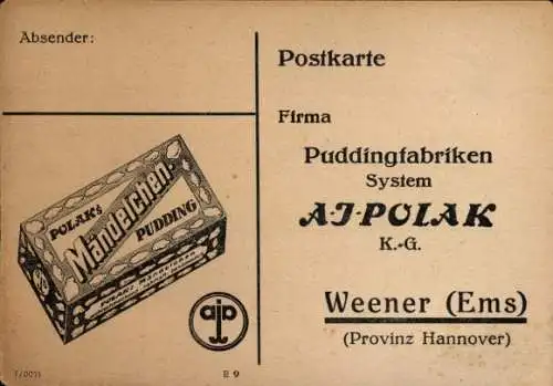 Ak Werbung, Puddingfabriken AJ Polak, Weener, Mändelchen-Pudding