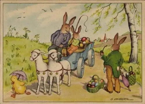 Künstler Ak Lambertz, G., Ostern, Osterhasen, Lämmer, Küken