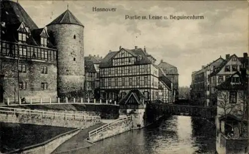 Ak Hannover in Niedersachsen, Leine, Beguinenturm, Brücke, Fachwerkhaus