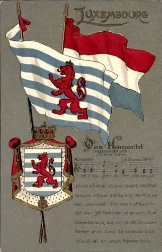 Ak Luxemburg Luxembourg, Wappen, Fahne, Nationalhymne