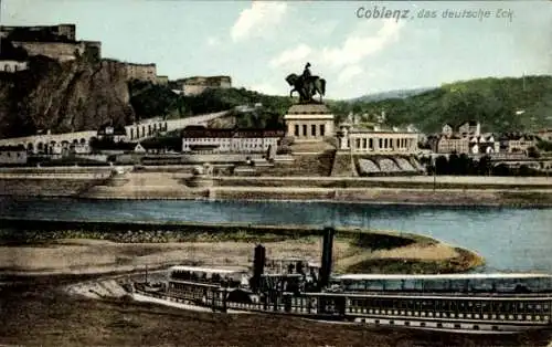 Ak Koblenz am Rhein, Deutsches Eck, Kaiser Wilhelm Denkmal, Schiff, Festung Ehrenbreitstein