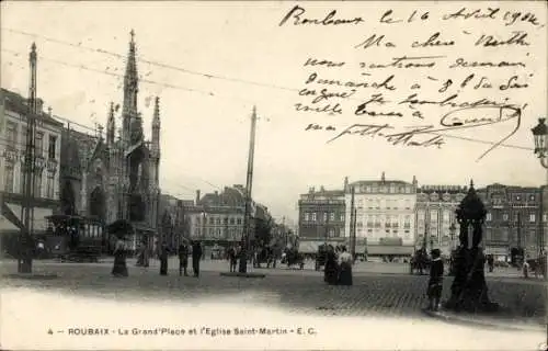 Ak Roubaix Nord, La Grand Place und Kirche Saint Martin