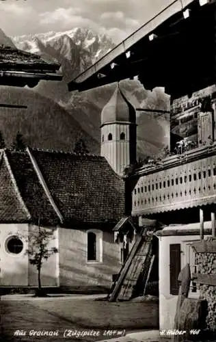 Ak Grainau in Oberbayern, Teilansicht, Kirche, Zugspitze