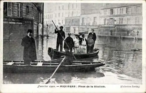 Ak Asnières sur Seine Hauts-de-Seine, Hochwasser Januar 1910, Place de la Station