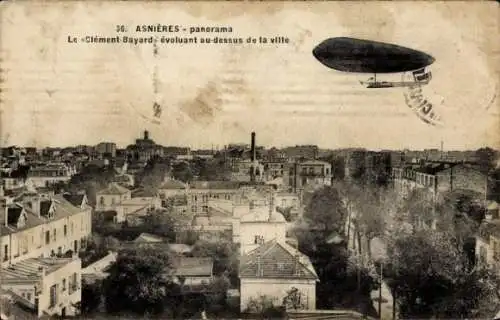 Ak Asnières sur Seine Hauts-de-Seine, Zeppelin Clement Bayard über dem Ort