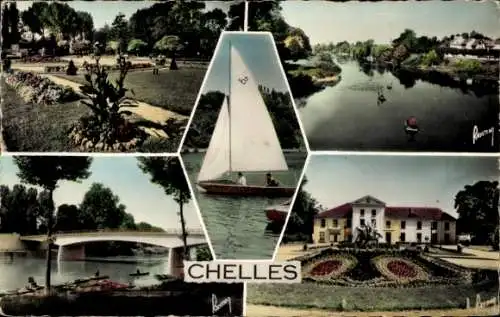 Ak Chelles Seine-et-Marne, Le square, La Marne, Le pont, La mairie