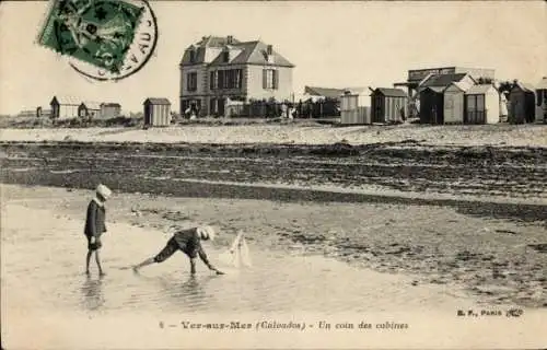 Ak Ver sur Mer Calvados, Strand, Badekabinen