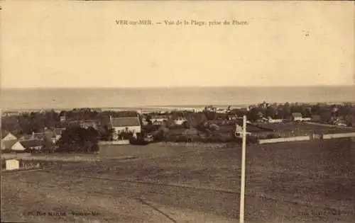 Ak Ver sur Mer Calvados, Strand, vom Leuchtturm aus gesehen