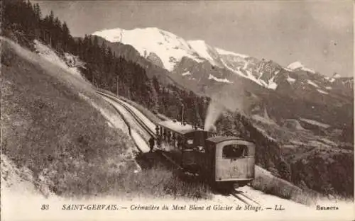 Ak Saint Gervais les Bains Haute Savoie, Cremaillere du Mont Blanc, Glacier de Meage