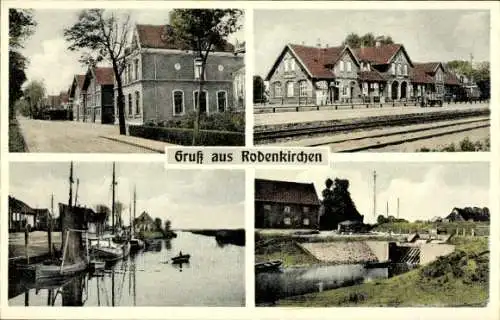 Ak Rodenkirchen in Oldenburg Stadland, Straße, Bahnhof, Hafen