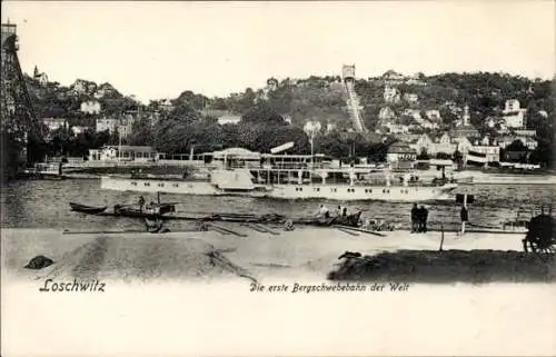 Ak Dresden Loschwitz, Bergschwebebahn, Dampfer auf der Elbe