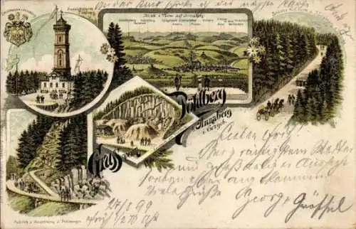 Litho Annaberg Buchholz Erzgebirge, Gruß vom Pöhlberg, Aussichtsturm, Aufstieg, Sandwerk