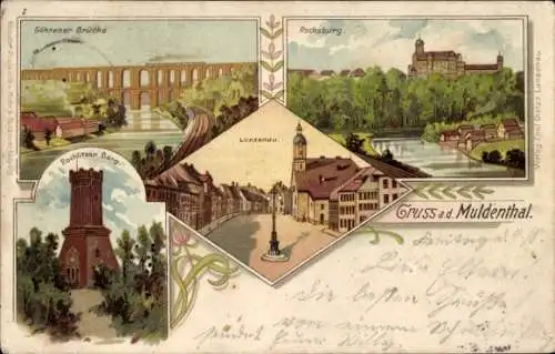 Litho Lunzenau in Sachsen, Muldenthal, Göhrener Brücke, Rochsburg, Rochlitzer Berg