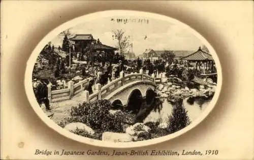 Passepartout Ak London City England, Japan-Britische Ausstellung 1910, Brücke im japanischen Garten