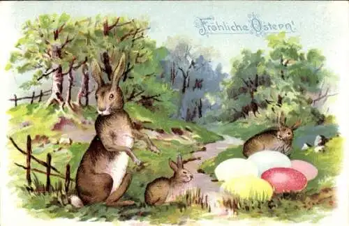 Ak Glückwunsch Ostern, Osterhasen, Ostereier, Bäume