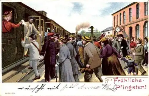 Litho Glückwunsch Pfingsten, Reisende am Bahnhof, Eisenbahn, Bahnsteig