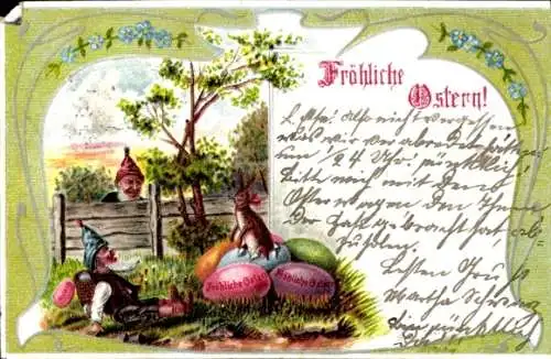 Litho Glückwunsch Ostern, Hase auf Ostereiern, Zwerge