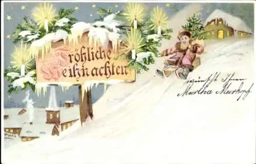 Litho Glückwunsch Weihnachten, Weihnachtsmann, Tannenbaum, Schlitten