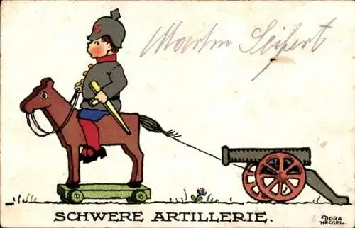 Künstler Ak Heckel, D., Schwere Artillerie, Junge als Soldat, Spielzeuge, Kanone