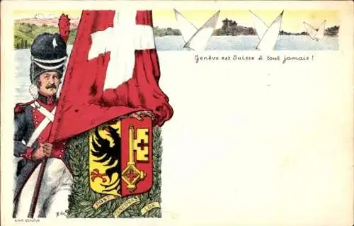 Wappen Ak Kanton Genf, Genfer Wachsoldat mit Schweizer Flagge, Segelboote, Genfer See